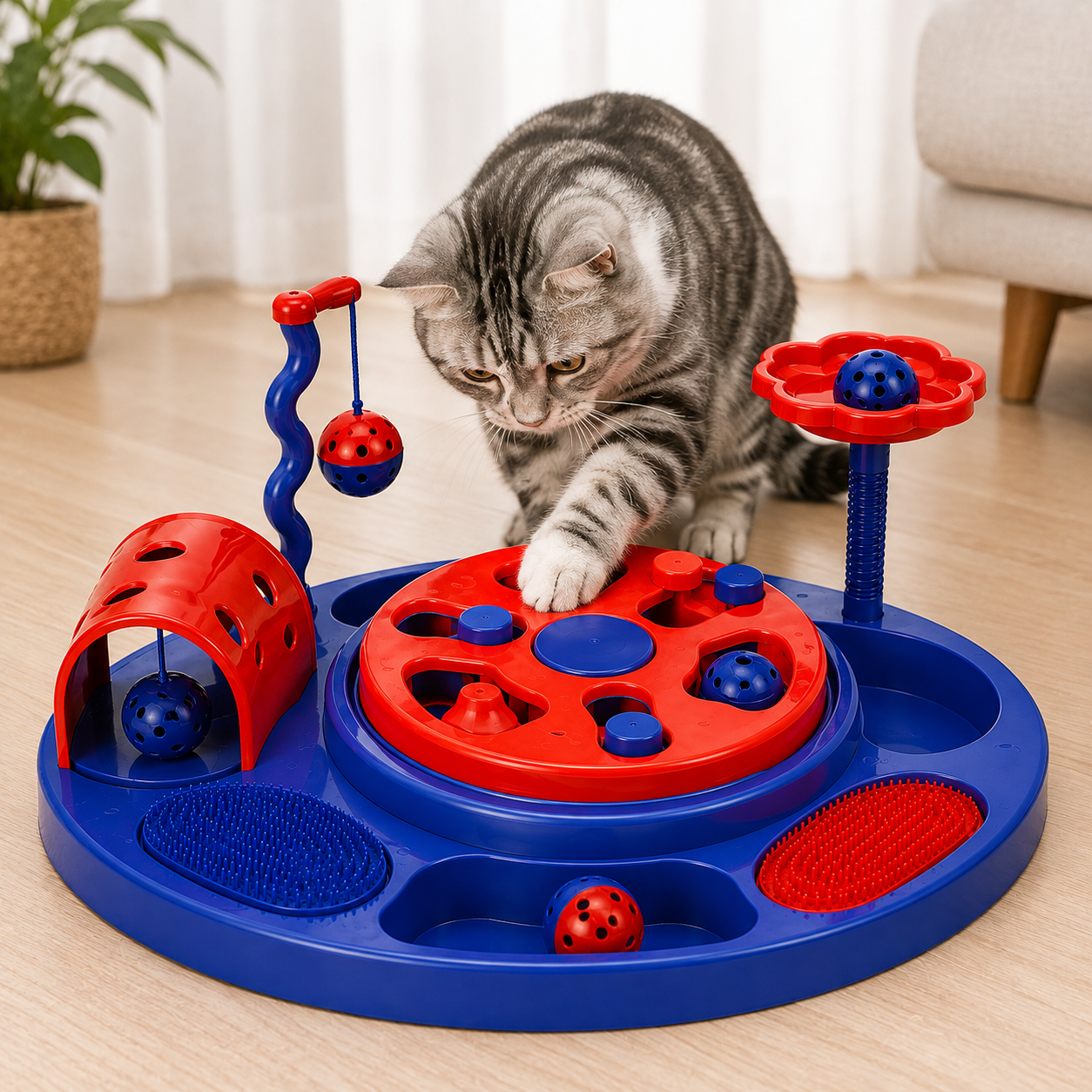 Interactive Cat Activity Center – Multi-Play Puzzle, Ball & Grooming Toy - Image 3