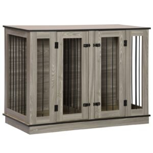 Dog Crate Furniture with Divider Panel, Dog Kennel End Table for Large Dogs, Decorative Pet House with Two Rooms Design, for 2 Small Dogs
