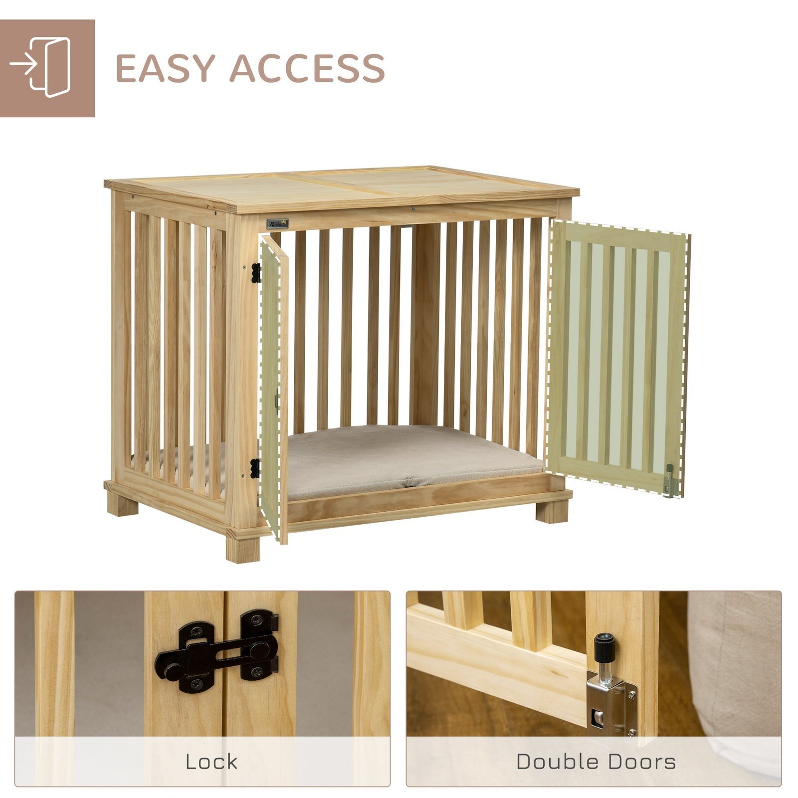 Wooden Dog Crate Furniture with Soft Cushion, Dog Crate End Table with Double Doors, Indoor Pet Crate for Small Medium Dogs - Image 6