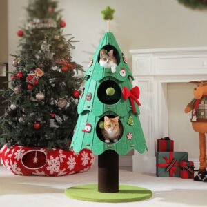 53" Christmas Cat Tree with Condos & Pompoms – Green
