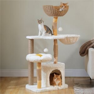 48.5" Modern Solid Wood Cat Tree with Condo, Hammock & Rattan Perch for Large Indoor Cats