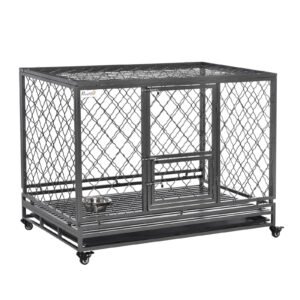 Heavy Duty Dog Cage Metal Kennel and Crate Dog Playpen with Lockable Wheels, Slide-out Tray, Food Bowl and Double Doors
