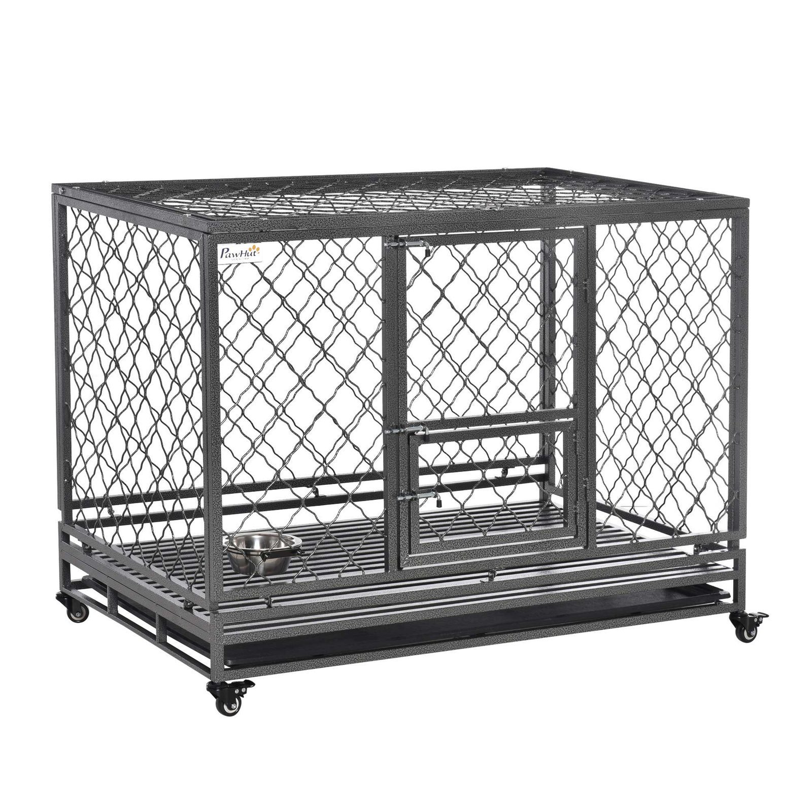 Heavy Duty Dog Cage Metal Kennel and Crate Dog Playpen with Lockable Wheels, Slide-out Tray, Food Bowl and Double Doors
