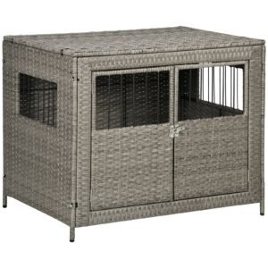 Rattan Dog Crate with Double Doors, Wicker Dog Cage with Soft Washable Cushion, Dog Kennel Furniture for Medium to Large Sized Dogs, Grey