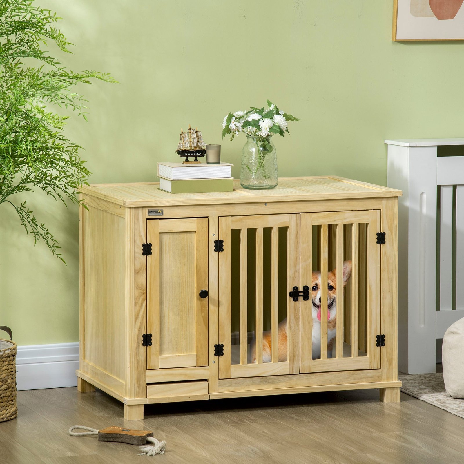 Wooden Dog Crate, Indoor Dog Kennels with Cushion Drawer Bowl Storage for Small Dogs, 37.5" x 23" x 27.5", Natural - Image 2