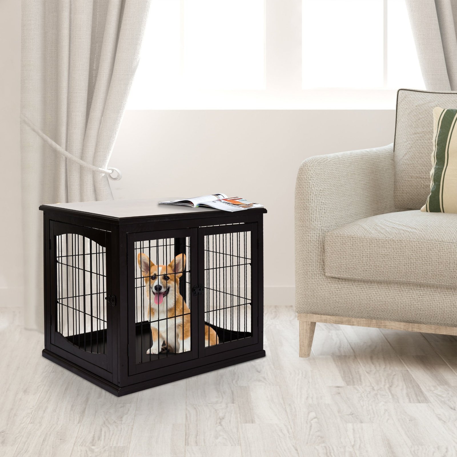 26'' Decorative Dog Cage Wooden Pet Crate Kennel with Double Door Entrance & a Simple Modern Design - Image 2