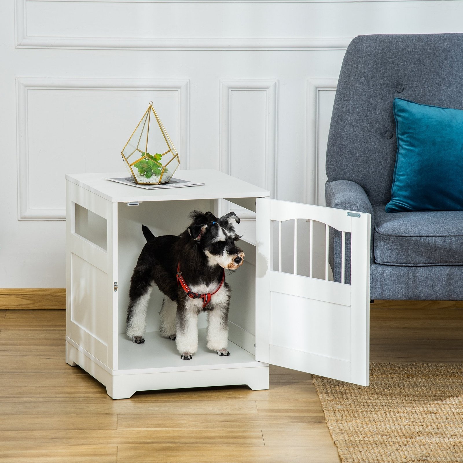 Furniture Stylish Dog Kennel, Wooden & Wire End Table with Cushion & Lockable Door, Miniature Size Pet Crate Indoor Puppy Cage, White - Image 2