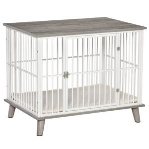 Dog Crate, Furniture Style Pet Cage Kennel, Decorative Dog House, with Soft Cushion, Wooden Top, for Small &amp; Medium Dogs, Indoor Use, Grey