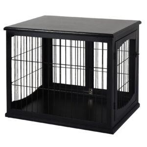 26'' Wooden Decorative Dog Cage Pet Crate Kennel with Double Door Entrance &amp; a Simple Modern Design  Black