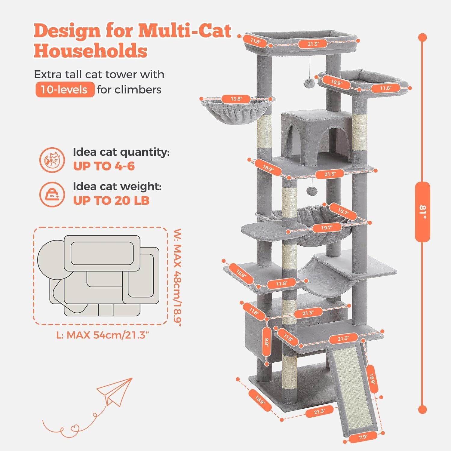 Cat Tree Extra Tall 205cm Gray Plush - Image 2