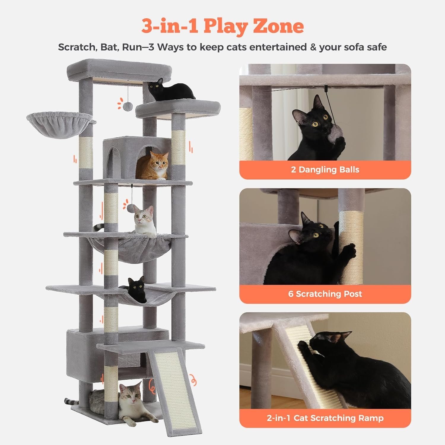 Cat Tree Extra Tall 205cm Gray Plush - Image 5