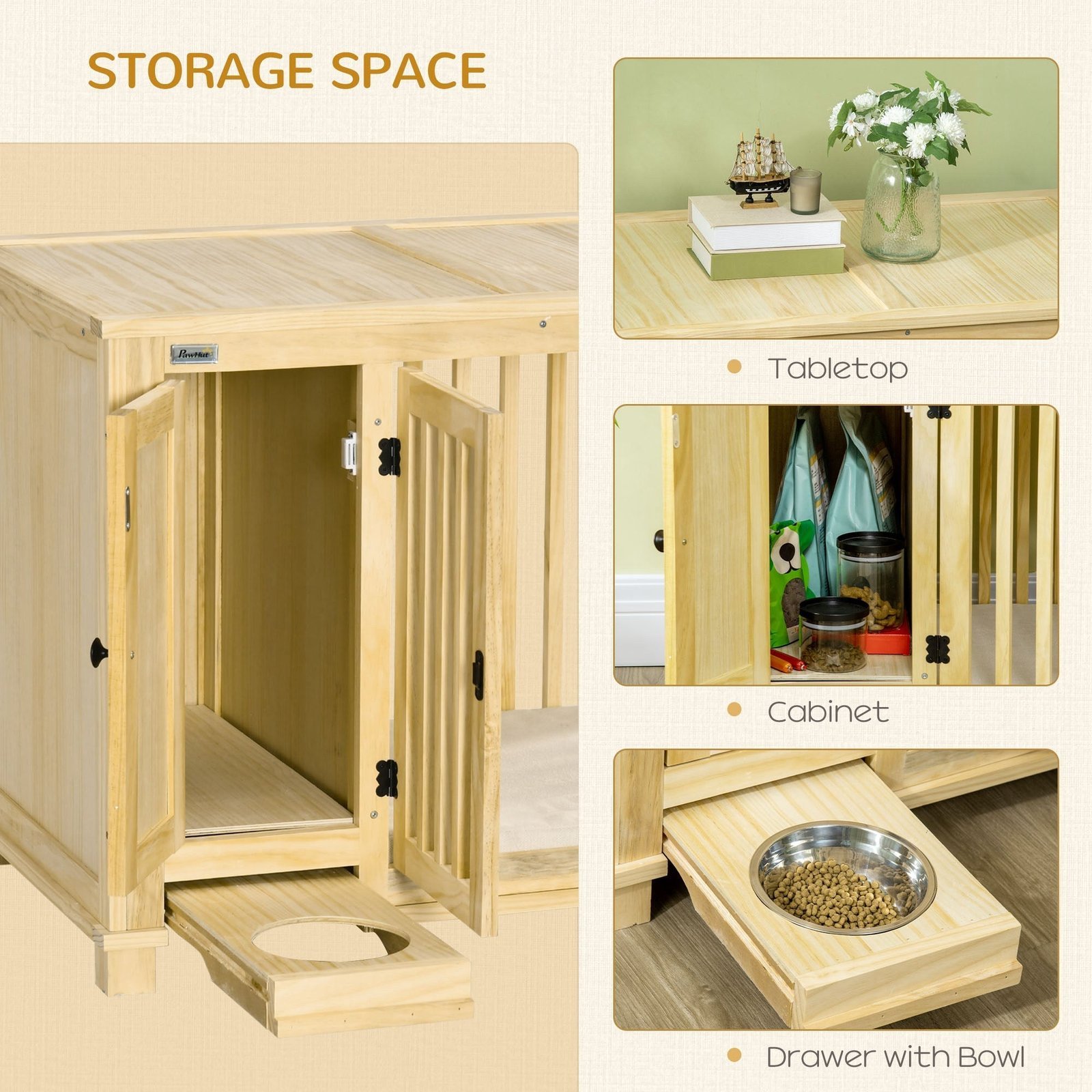 Wooden Dog Crate, Indoor Dog Kennels with Cushion Drawer Bowl Storage for Small Dogs, 37.5" x 23" x 27.5", Natural - Image 6