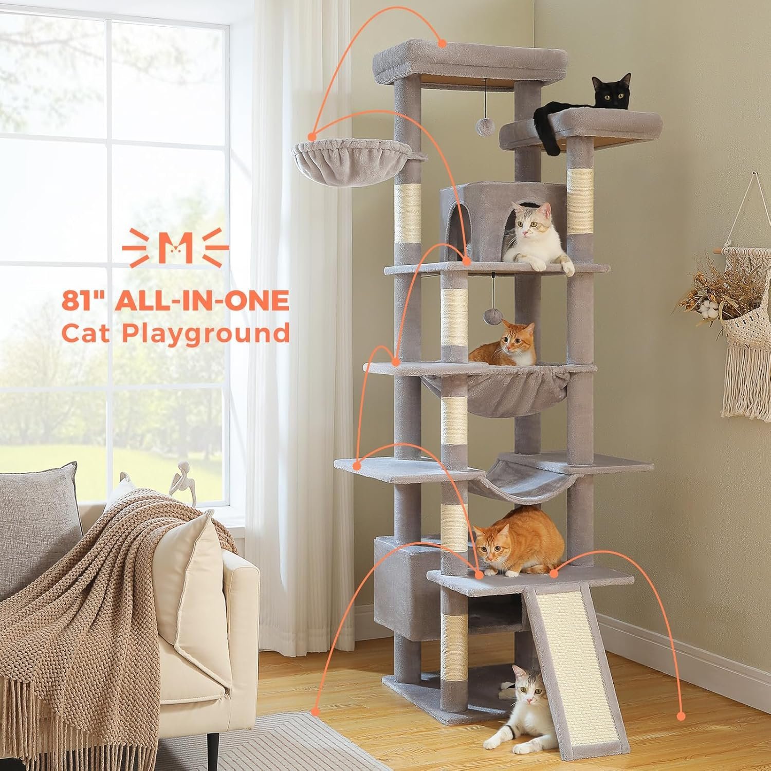 Cat Tree Extra Tall 205cm Gray Plush - Image 7