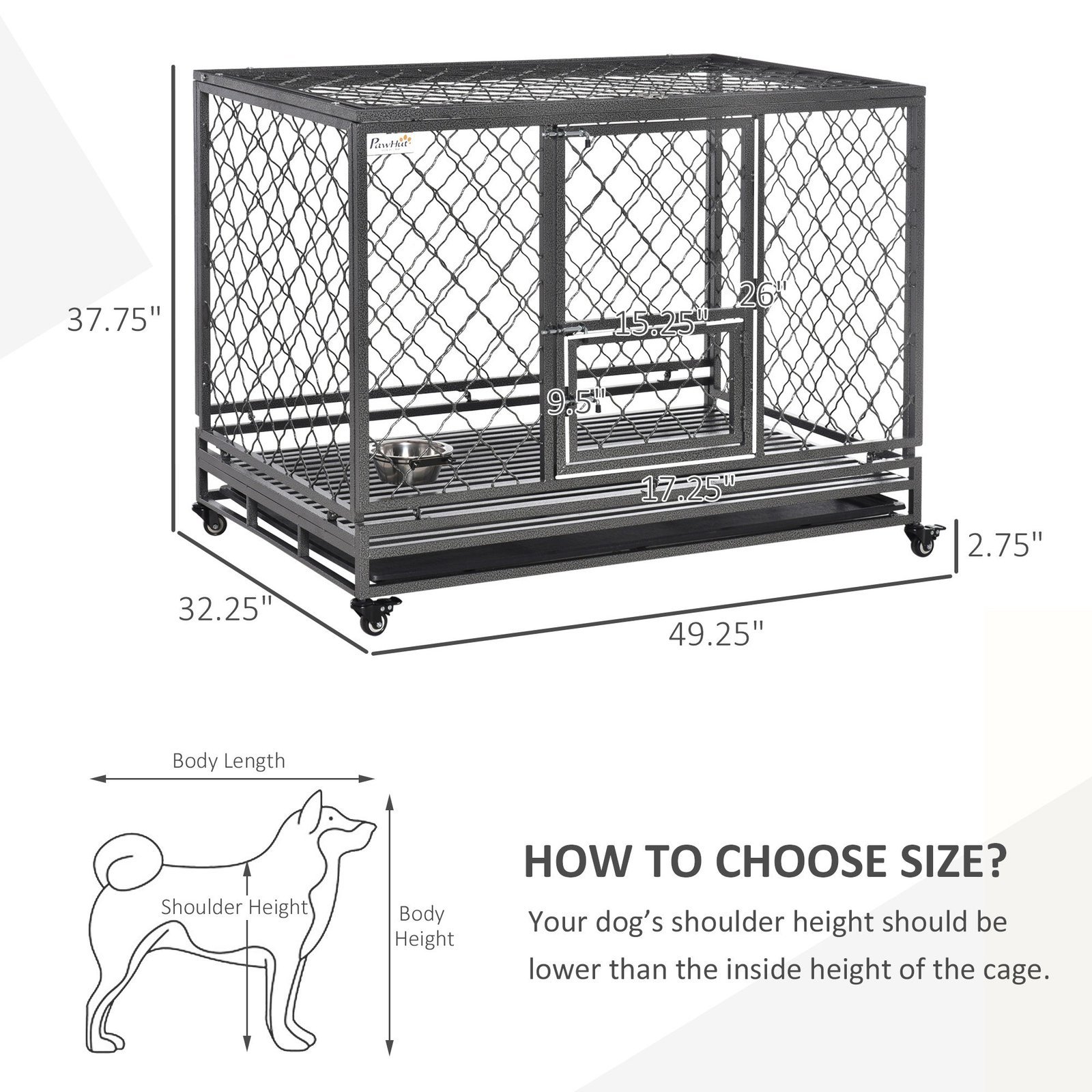 Heavy Duty Dog Cage Metal Kennel and Crate Dog Playpen with Lockable Wheels, Slide-out Tray, Food Bowl and Double Doors - Image 3