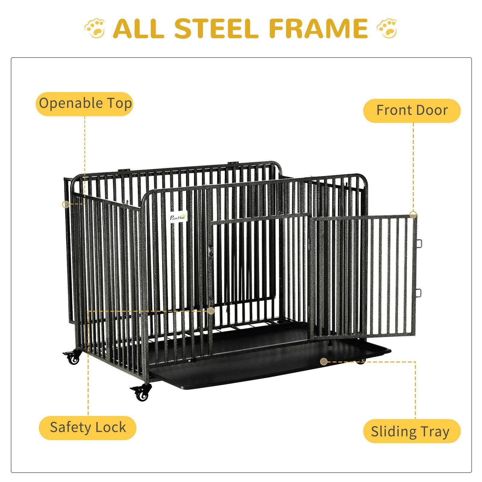 43" Heavy Duty Dog Cage, Foldable Steel Crate Kennel with Removable Tray, Double Doors, 4 Lockable Wheels for Medium & Large Dogs, Dark Silver - Image 6