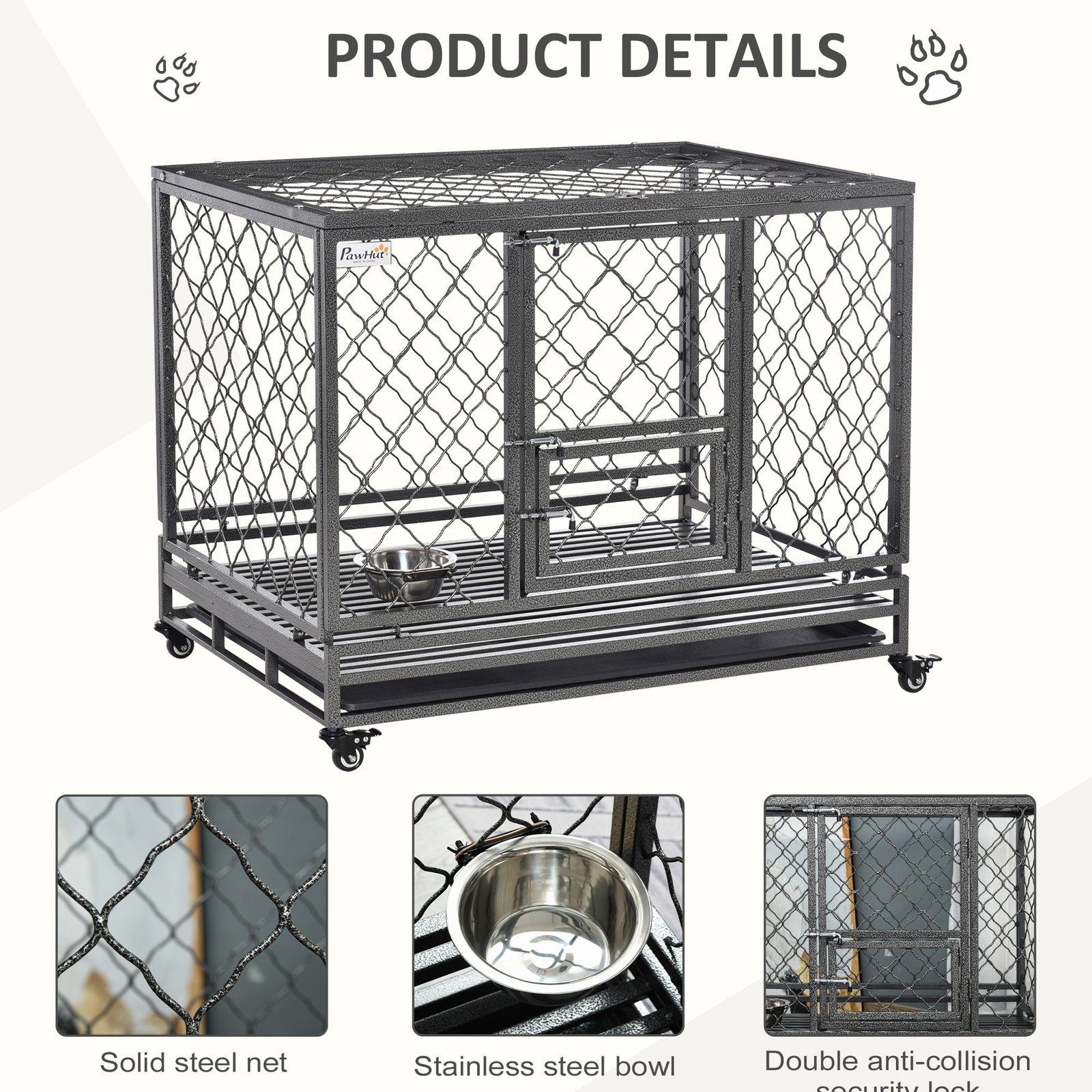 Heavy Duty Dog Cage Metal Kennel and Crate Dog Playpen with Lockable Wheels, Slide-out Tray, Food Bowl and Double Doors - Image 5