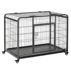 Heavy Duty Metal Dog Crate Pet Cage &amp; Kennel with Removable Tray 4 Wheels &amp; Folding Design Indoor Grey