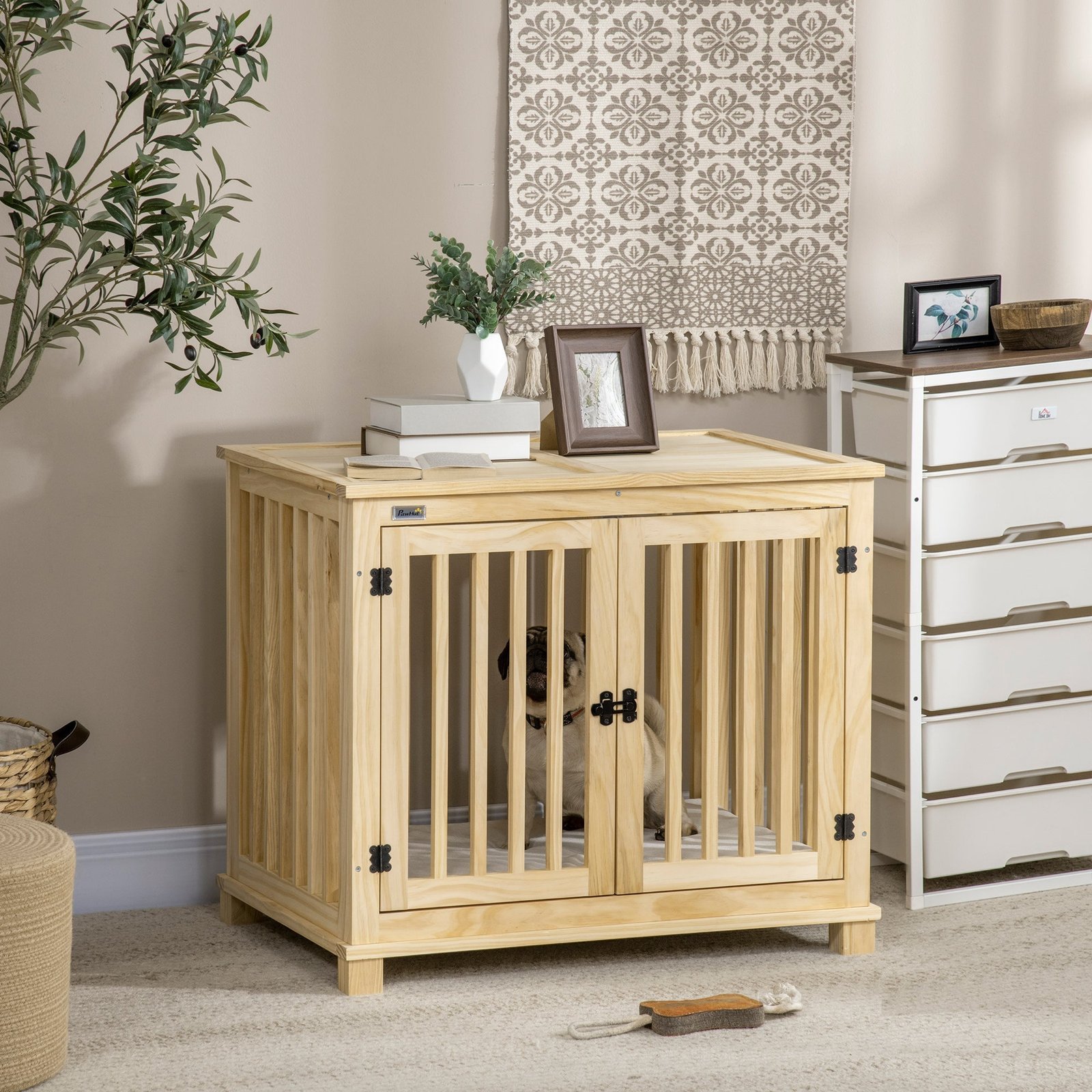 Wooden Dog Crate Furniture with Soft Cushion, Dog Crate End Table with Double Doors, Indoor Pet Crate for Small Medium Dogs - Image 2
