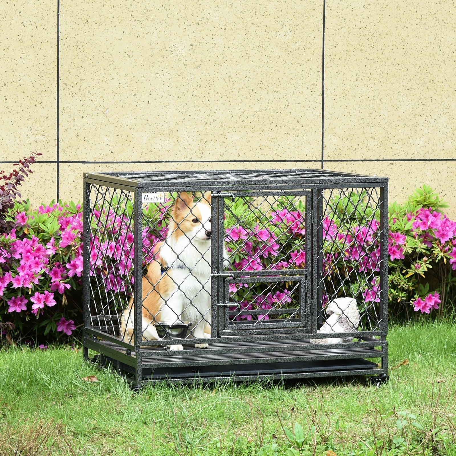 Heavy Duty Dog Cage Metal Kennel and Crate Dog Playpen with Lockable Wheels, Slide-out Tray, Food Bowl and Double Doors - Image 2