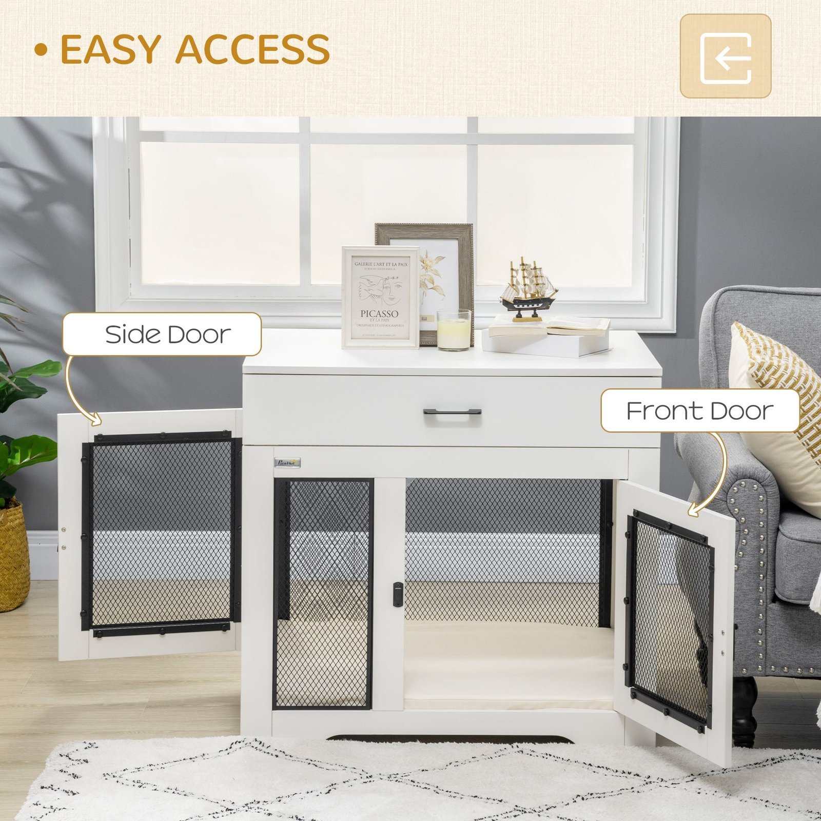 Dog Crate Furniture with Soft Water-Resistant Cushion, Dog Crate End Table with Drawer, Puppy Crate for Small Dogs Indoor with 2 Doors, White - Image 5