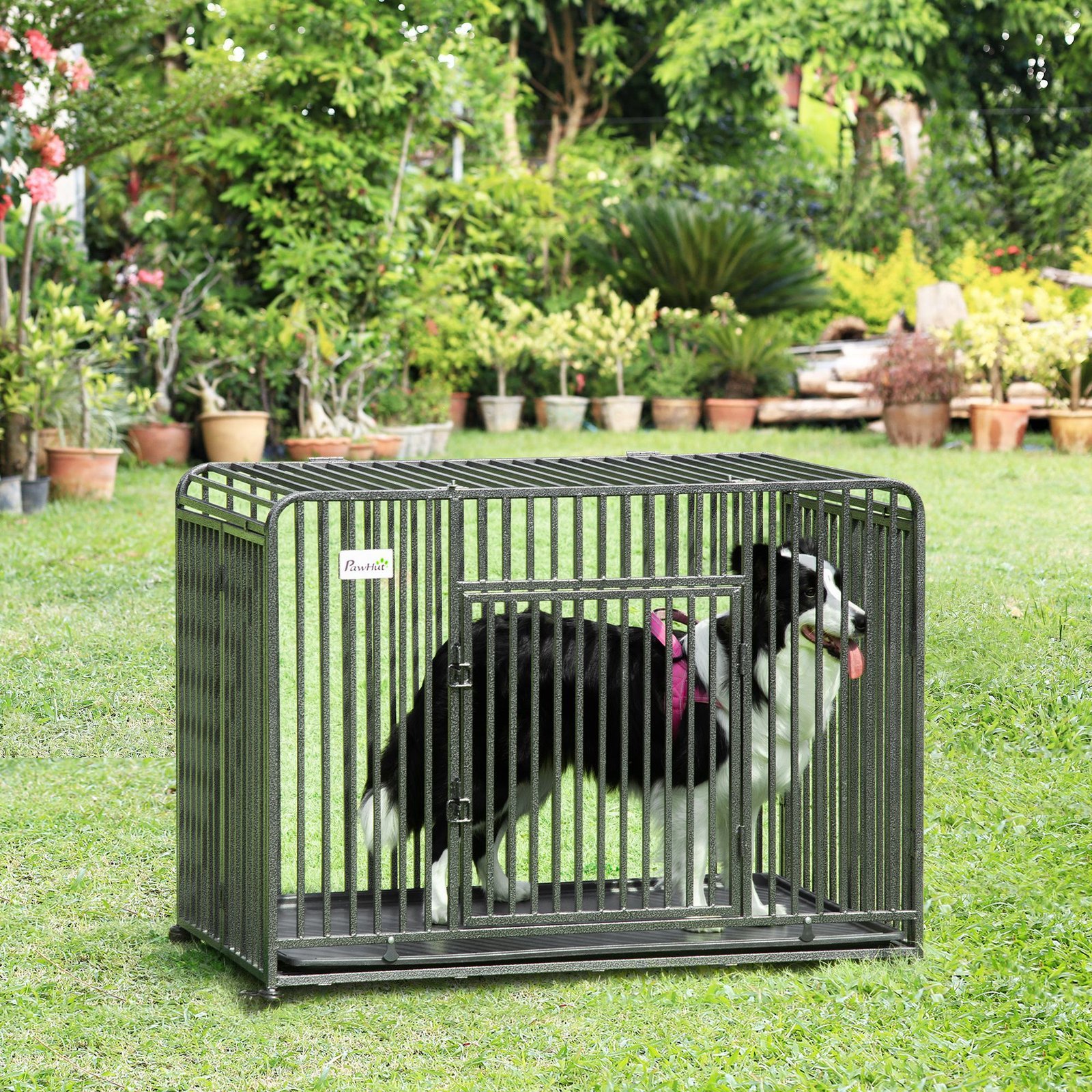 43" Heavy Duty Dog Cage, Foldable Steel Crate Kennel with Removable Tray, Double Doors, 4 Lockable Wheels for Medium & Large Dogs, Dark Silver - Image 2