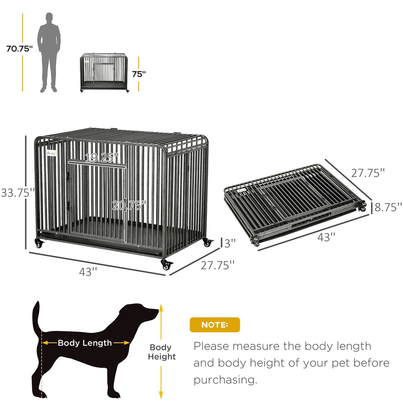 43" Heavy Duty Dog Cage, Foldable Steel Crate Kennel with Removable Tray, Double Doors, 4 Lockable Wheels for Medium & Large Dogs, Dark Silver - Image 3