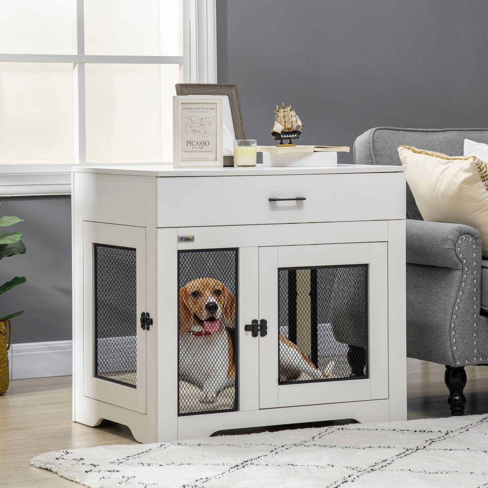 Dog Crate Furniture with Soft Water-Resistant Cushion, Dog Crate End Table with Drawer, Puppy Crate for Small Dogs Indoor with 2 Doors, White - Image 2