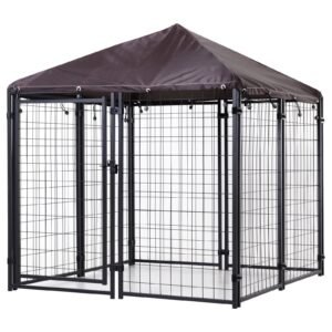 Lockable Dog House Kennel with Water-resistant Roof for Small and Medium Sized Pets, 4.6' x 4.6' x 5'