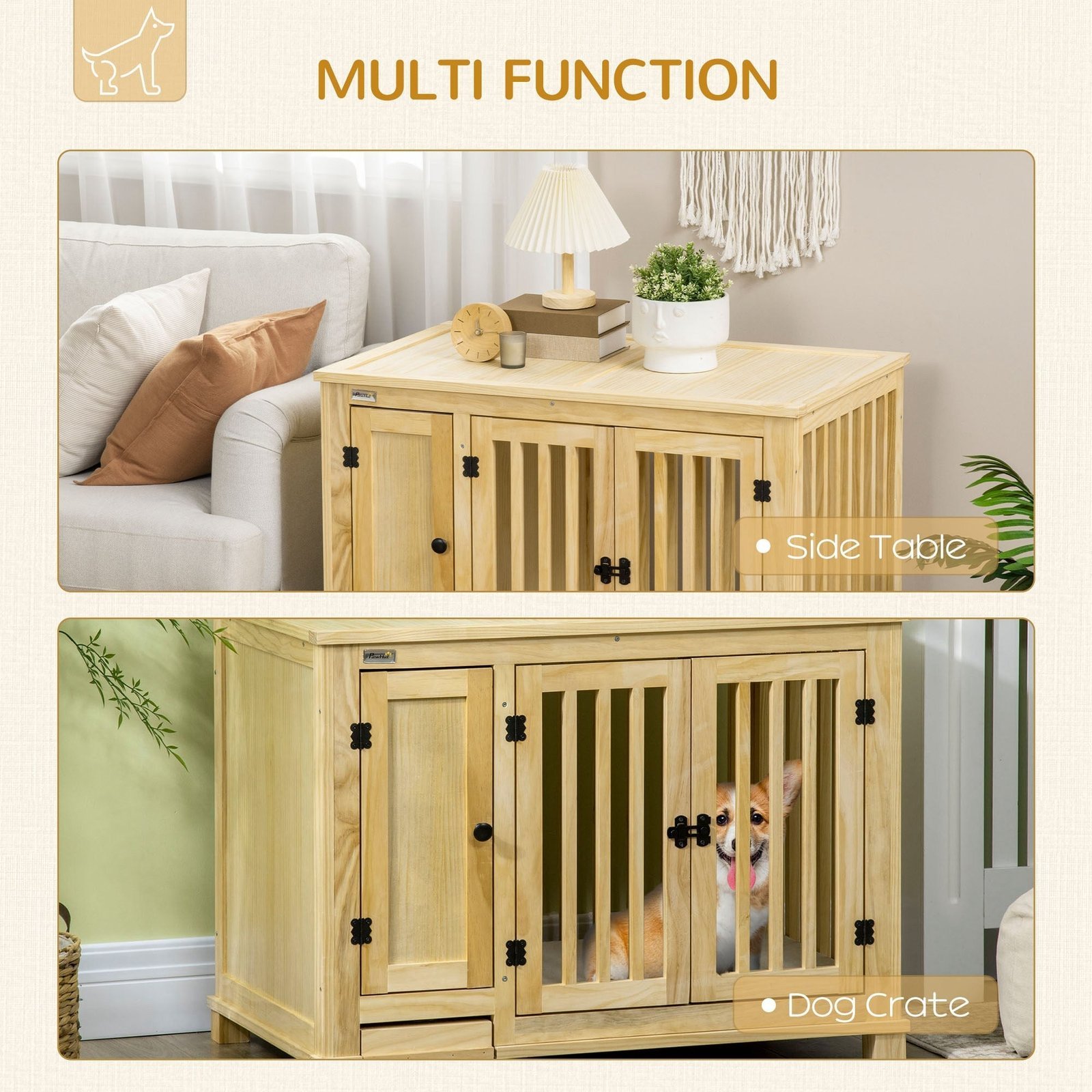 Wooden Dog Crate, Indoor Dog Kennels with Cushion Drawer Bowl Storage for Small Dogs, 37.5" x 23" x 27.5", Natural - Image 5