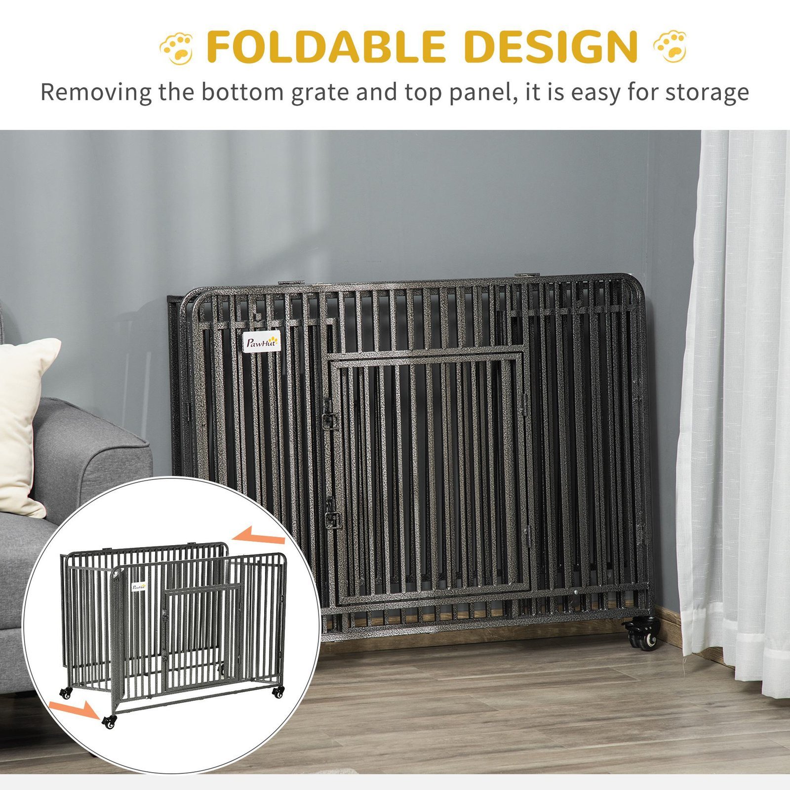 43" Heavy Duty Dog Cage, Foldable Steel Crate Kennel with Removable Tray, Double Doors, 4 Lockable Wheels for Medium & Large Dogs, Dark Silver - Image 5
