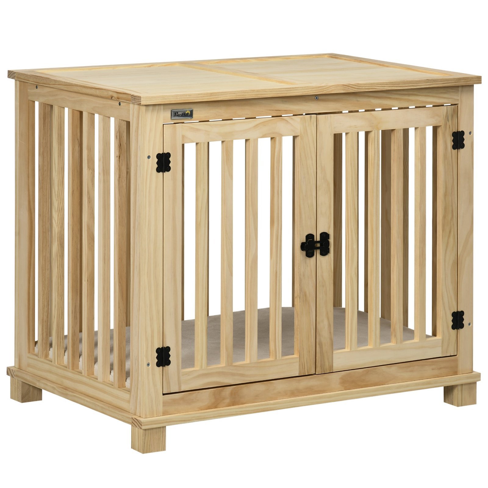 Wooden Dog Crate Furniture with Soft Cushion, Dog Crate End Table with Double Doors, Indoor Pet Crate for Small Medium Dogs