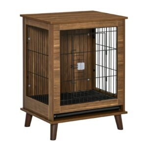 Stylish Dog Kennel, Wooden &amp; Wire End Table Furniture with Cushion &amp; Lockable Magnetic Doors, Small Size Pet Crate Indoor Animal Cage, Brown