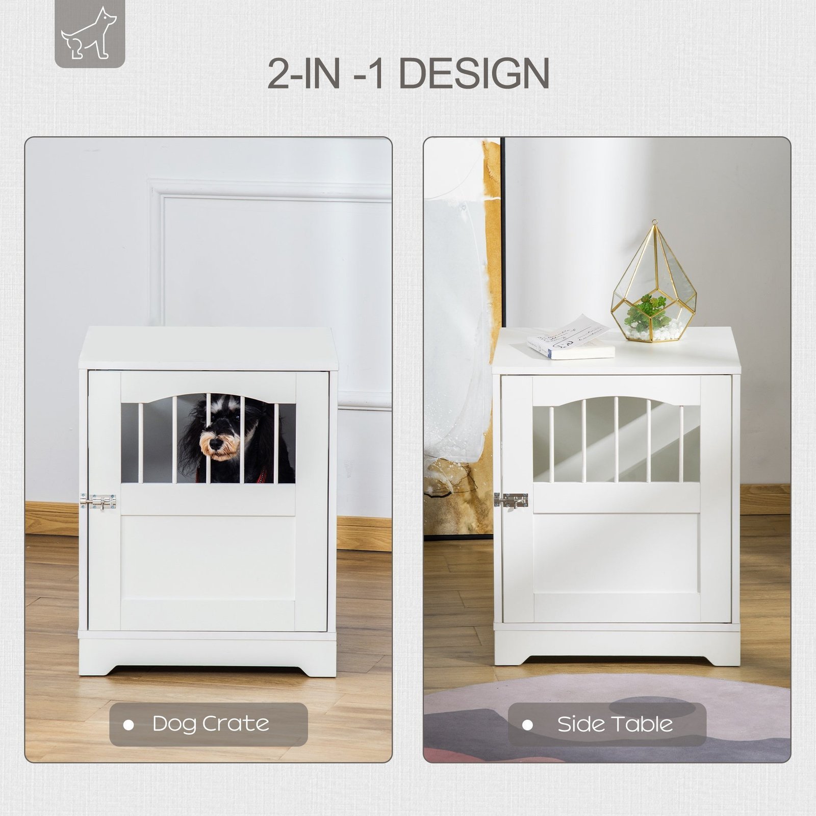 Furniture Stylish Dog Kennel, Wooden & Wire End Table with Cushion & Lockable Door, Miniature Size Pet Crate Indoor Puppy Cage, White - Image 5