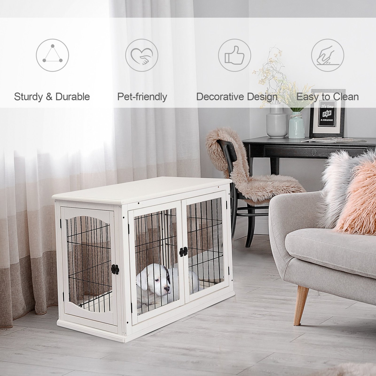 26" Wooden Dog Crate, Furniture Style Pet Cage Kennel, End Table, with Lockable Double Door Entrance, and Top Shelf, White - Image 4