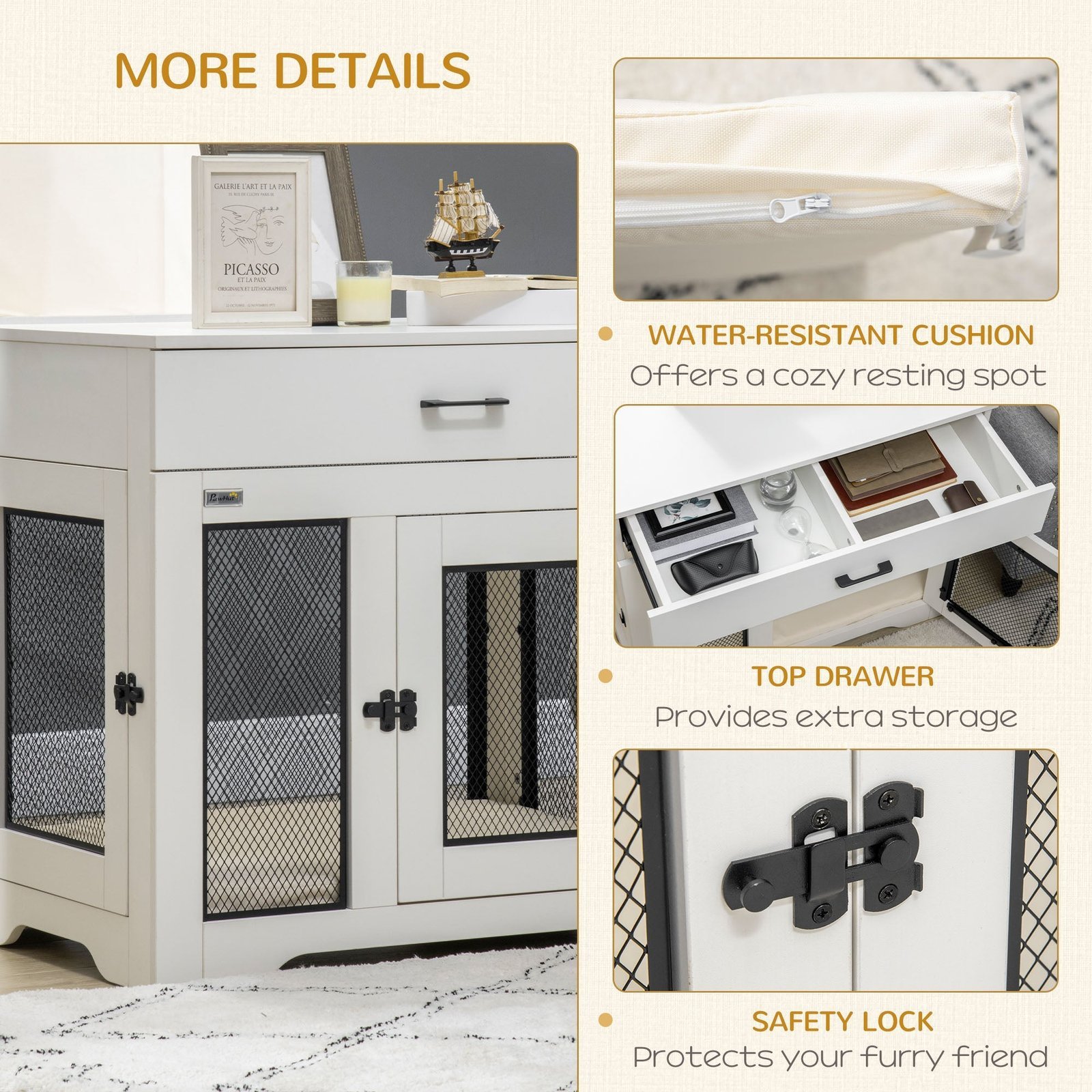 Dog Crate Furniture with Soft Water-Resistant Cushion, Dog Crate End Table with Drawer, Puppy Crate for Small Dogs Indoor with 2 Doors, White - Image 6
