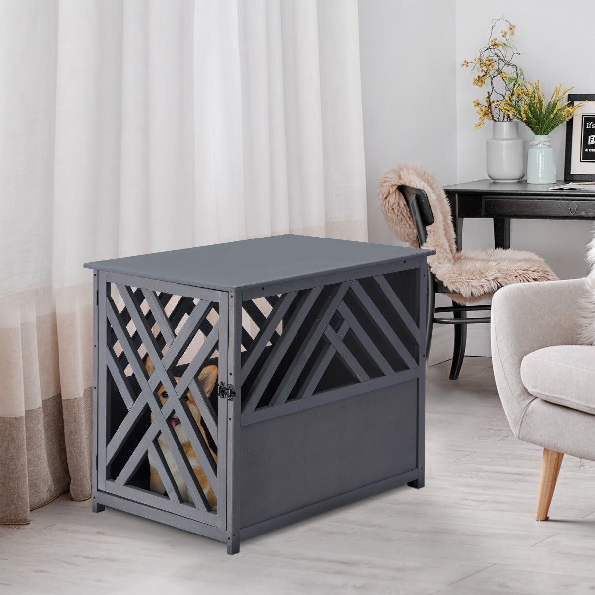 Wood Dog Crate Small Dog Cage Furniture Style Dog Kennel Lattice for Indoor Use with a Unique Slant Aesthetic Design - Image 2