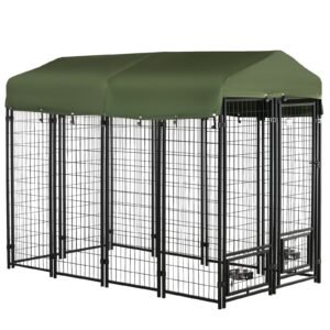 Outdoor Dog Kennel, Lockable Pet Playpen Crate, Welded Wire Steel Fence, with Water-, UV-Resistant Canopy, Rotating Bowl Holders, Door