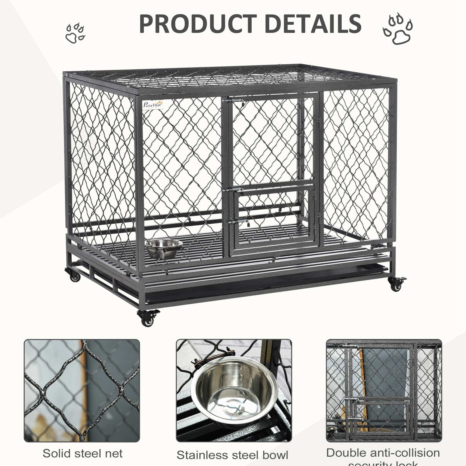 Heavy Duty Dog Cage Metal Kennel and Crate Dog Playpen with Lockable Wheels, Slide-out Tray, Food Bowl and Double Doors - Image 6