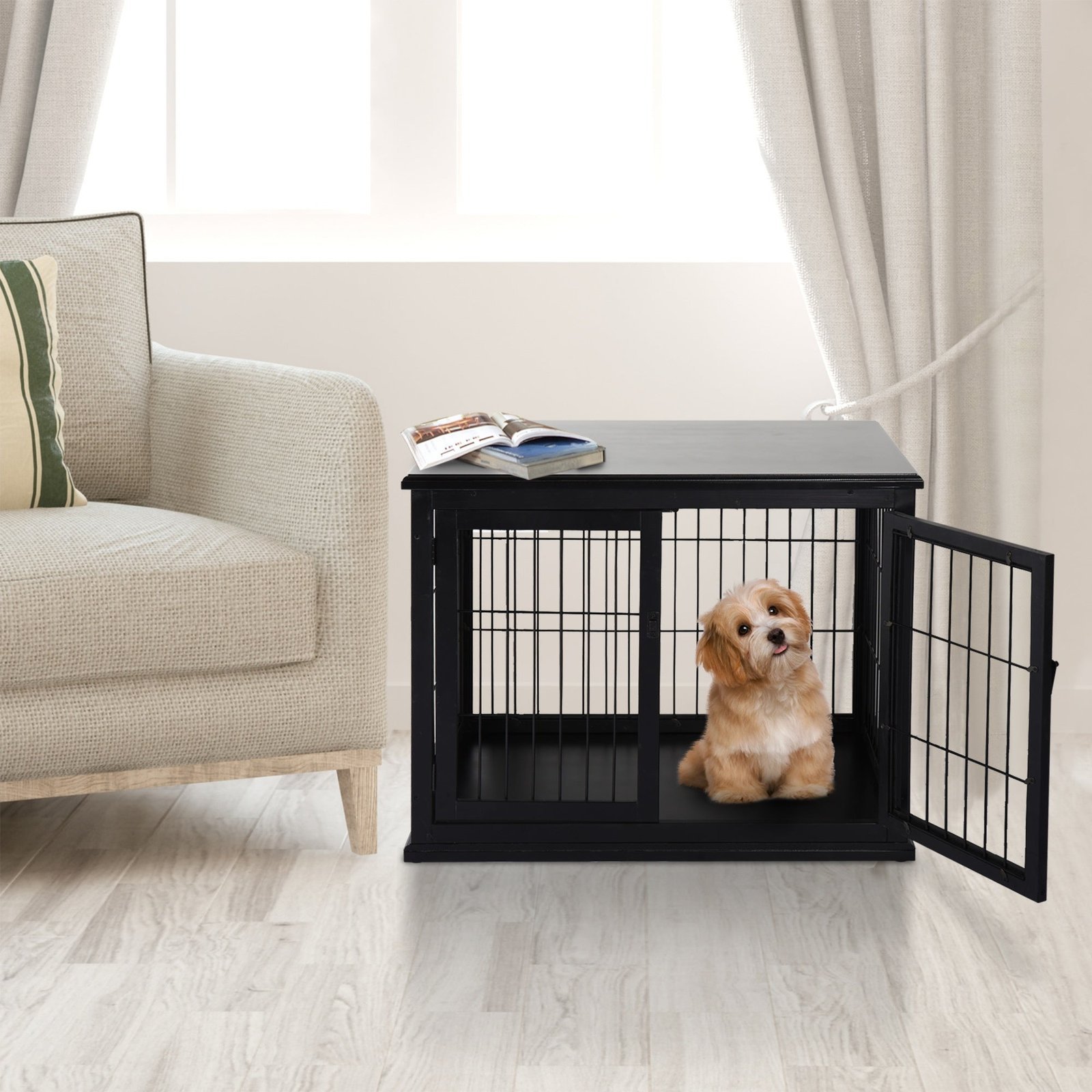 26'' Wooden Decorative Dog Cage Pet Crate Kennel with Double Door Entrance & a Simple Modern Design Black - Image 2