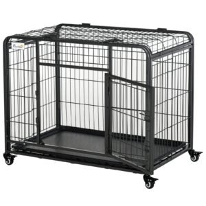 Metal Dog Crate Heavy Duty Kennel with Removable Tray 4 Wheels &amp; Folding Design Grey