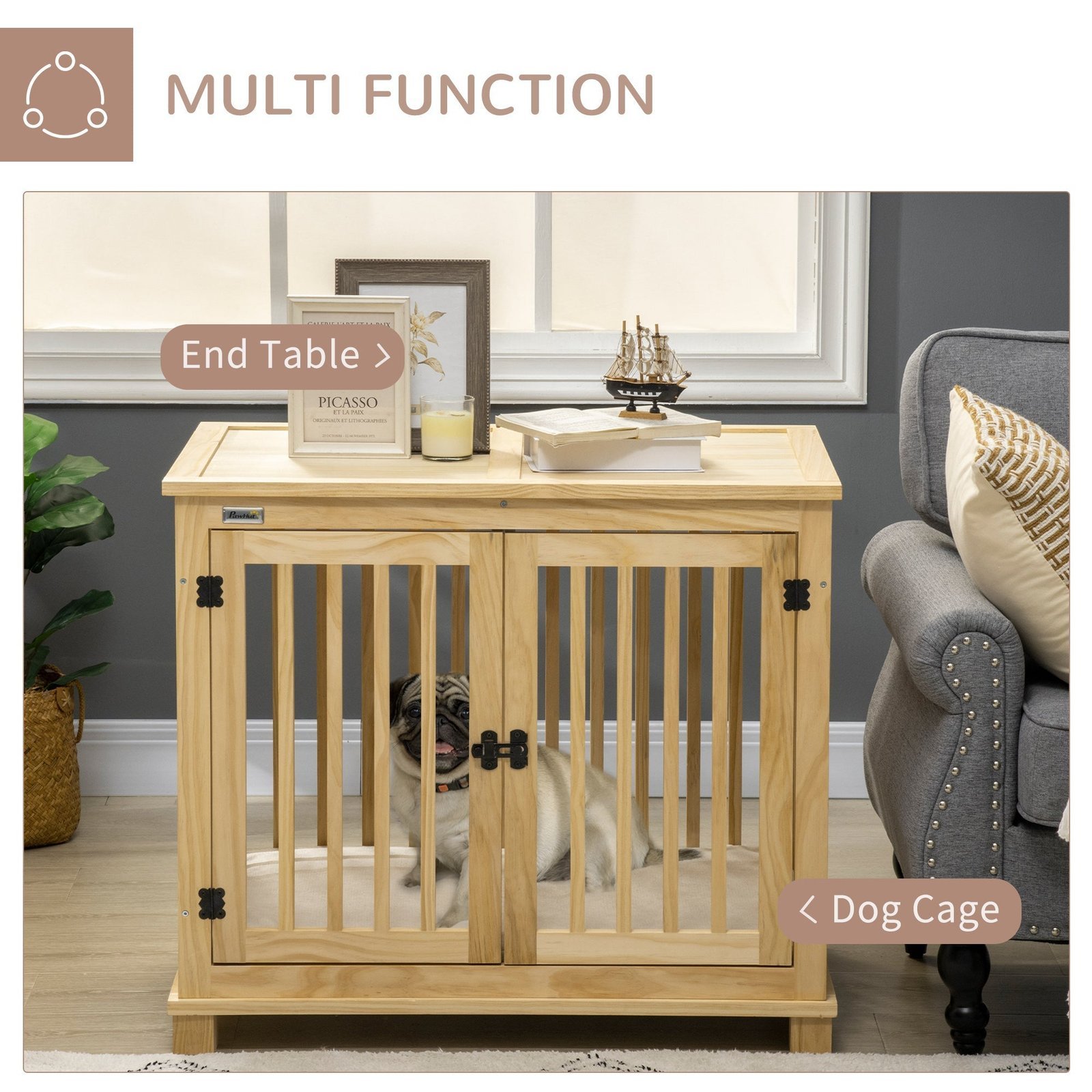 Wooden Dog Crate Furniture with Soft Cushion, Dog Crate End Table with Double Doors, Indoor Pet Crate for Small Medium Dogs - Image 5