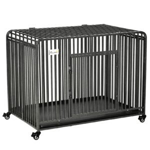43" Heavy Duty Dog Cage, Foldable Steel Crate Kennel with Removable Tray, Double Doors, 4 Lockable Wheels for Medium & Large Dogs, Dark Silver