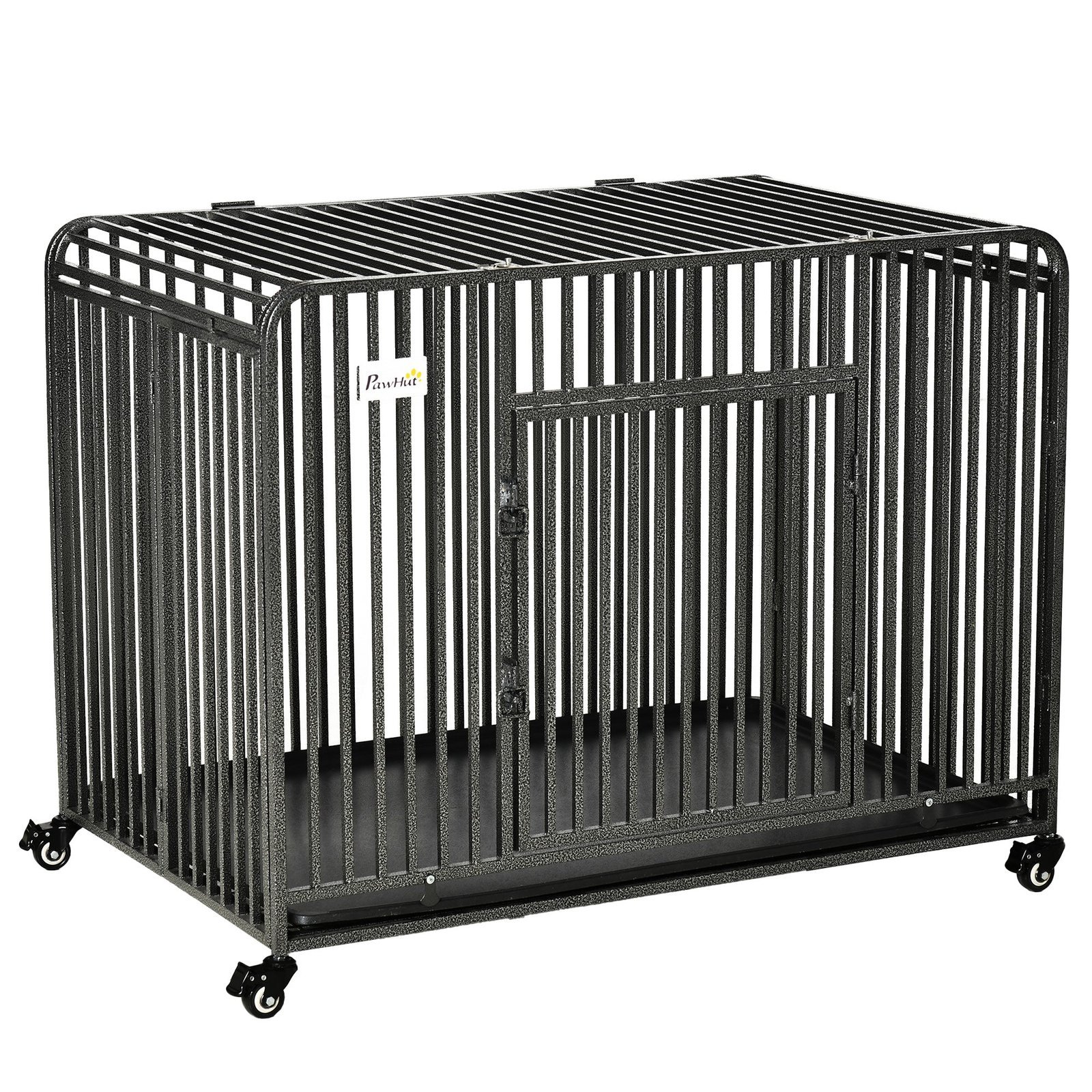43" Heavy Duty Dog Cage, Foldable Steel Crate Kennel with Removable Tray, Double Doors, 4 Lockable Wheels for Medium & Large Dogs, Dark Silver
