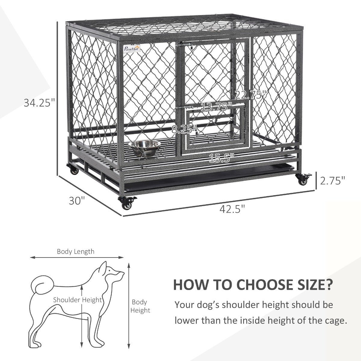 Heavy Duty Dog Cage Metal Kennel and Crate Dog Playpen with Lockable Wheels, Slide-out Tray, Food Bowl and Double Doors - Image 3