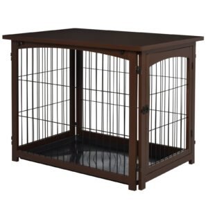 Wooden Decorative Dog Cage Pet Crate with Fence Side Table Small Animal House and Tabletop, Brown