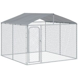 Outdoor Metal Dog Kennel, Pet Playpen with Steel Lock, Mesh Sidewalls and Cover for Backyard & Patio, 9.8' x 9.8' x 7.7'