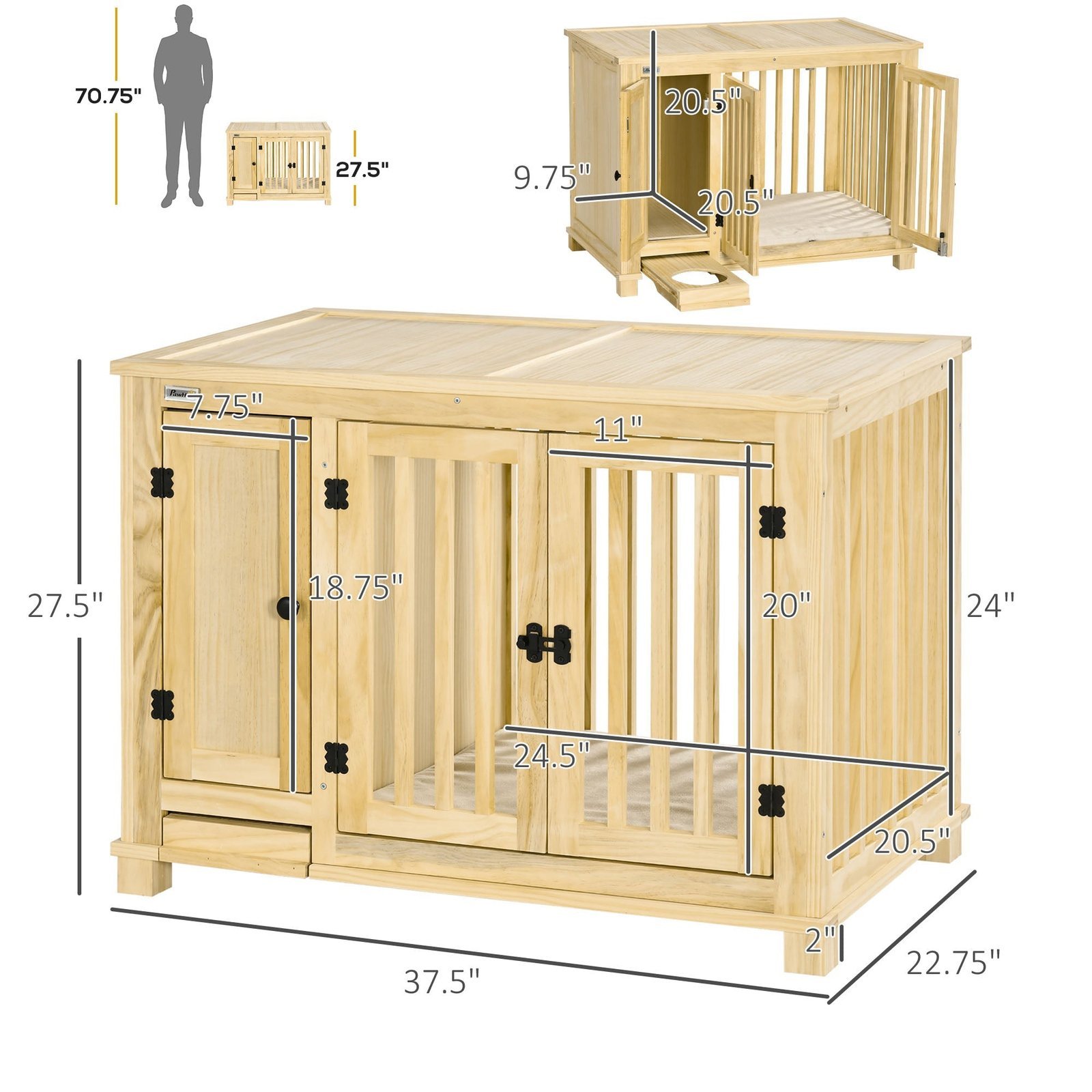 Wooden Dog Crate, Indoor Dog Kennels with Cushion Drawer Bowl Storage for Small Dogs, 37.5" x 23" x 27.5", Natural - Image 3