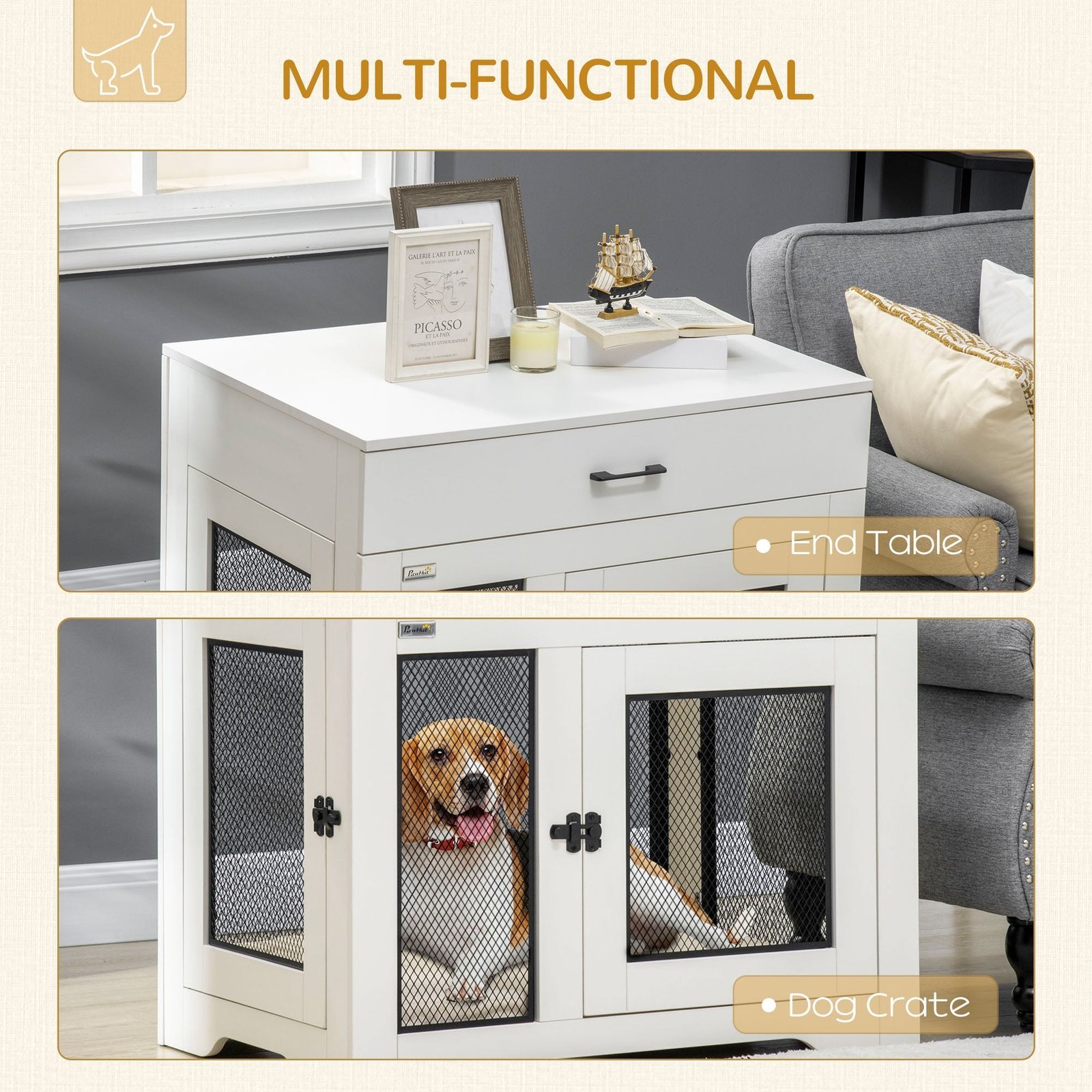 Dog Crate Furniture with Soft Water-Resistant Cushion, Dog Crate End Table with Drawer, Puppy Crate for Small Dogs Indoor with 2 Doors, White - Image 4