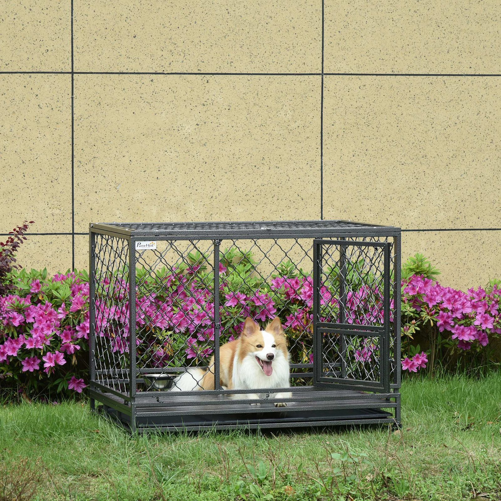 Heavy Duty Dog Cage Metal Kennel and Crate Dog Playpen with Lockable Wheels, Slide-out Tray, Food Bowl and Double Doors - Image 2
