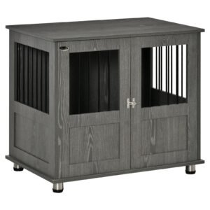 Stylish Dog Kennel, Wooden End Table Furniture with Cushion &amp; Lockable Magnetic Doors, Small Size Pet Crate Indoor Animal Cage, Grey